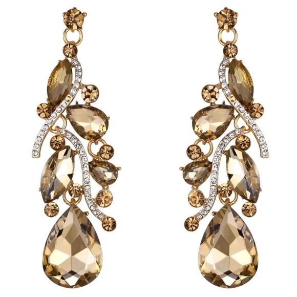 Yellow Gold with Champagne Topaz Austrian Crystal Teardrop Chandelier Earrings